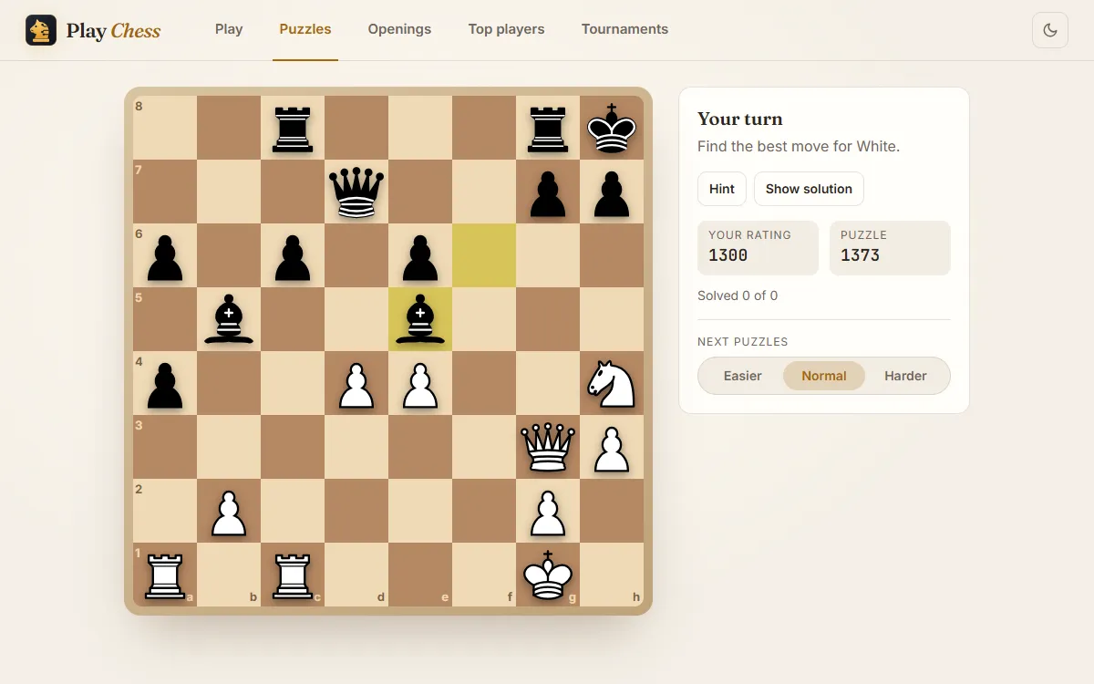 A tactics puzzle on play-chess.in: the chessboard with the puzzle position, and a panel showing the player and puzzle ratings